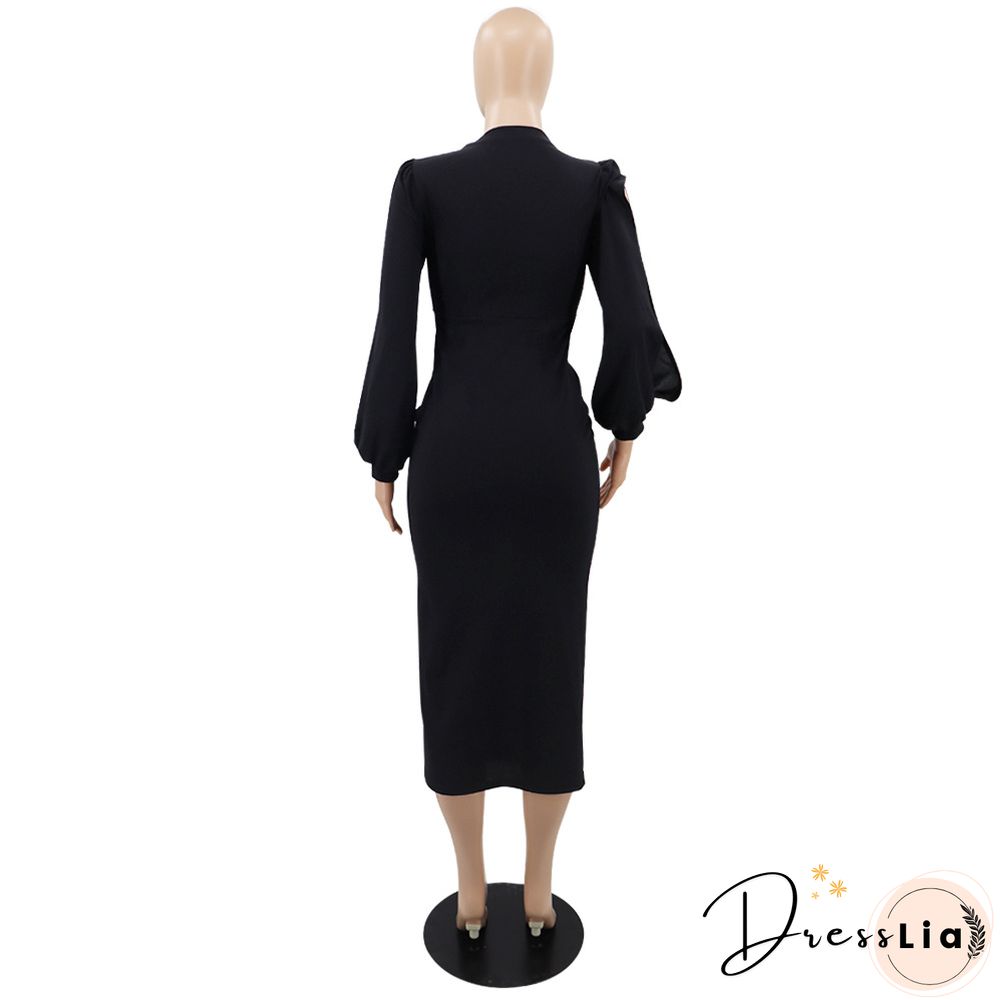 Elegant Solid Lantern Sleeve Maxi Pencil Dress
