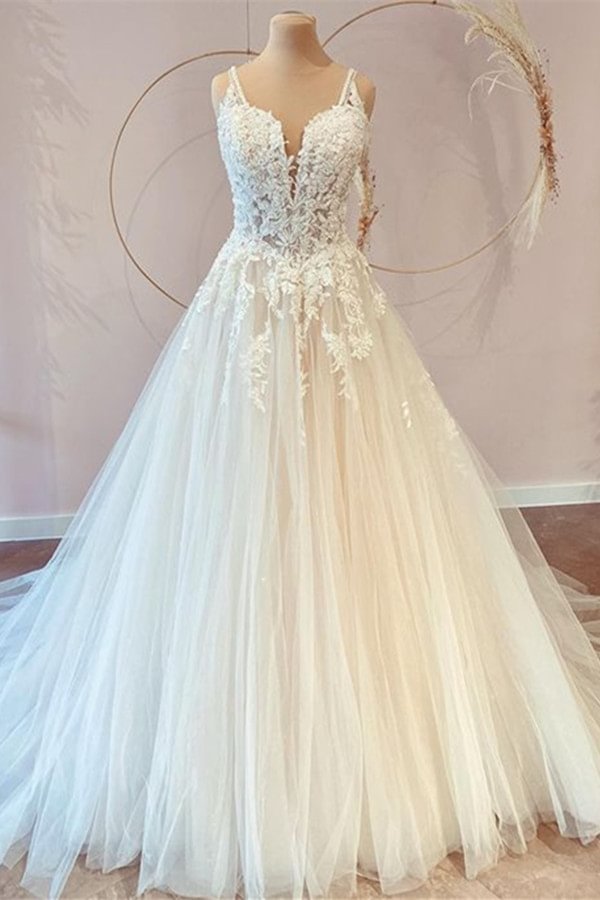 Fantastic Princess Sweetheart Long Lace Wedding Dresses With Tulle Appliques | Ballbellas Ballbellas