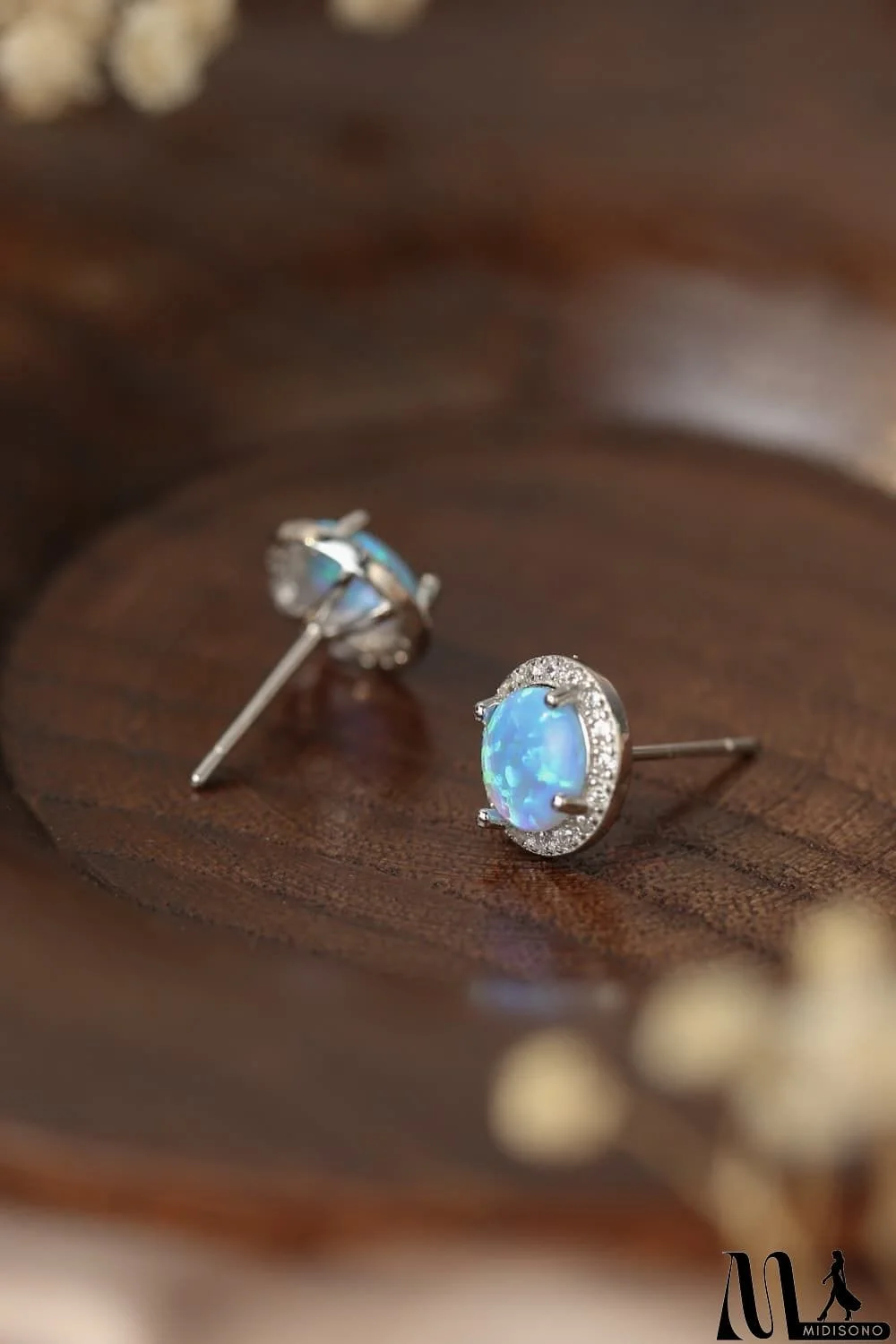 MidiSono - 925 Sterling Silver Platinum-Plated Opal Round Stud Earrings