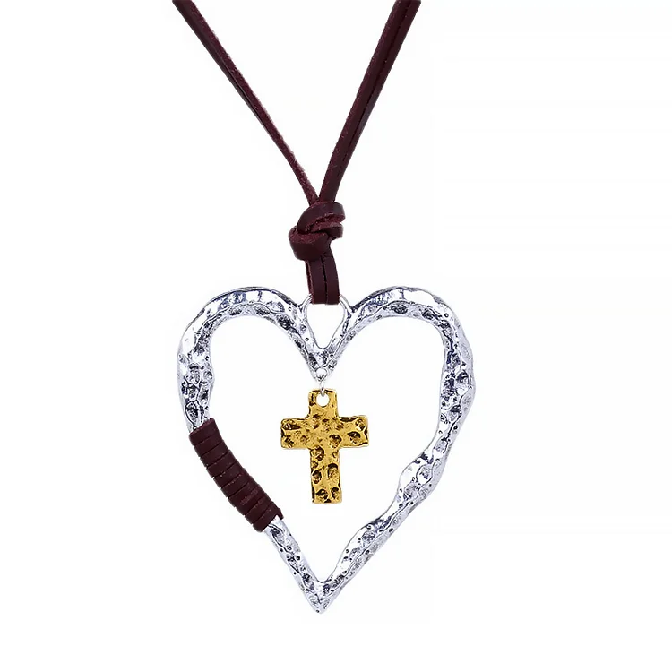 Love Heart Pendant Vintage Retro Necklace with Cross Crucifix & Faith Hope-Annaletters