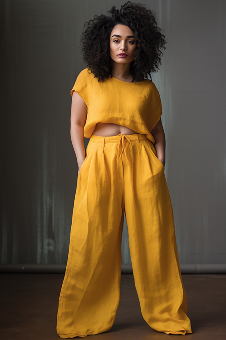Xpluswear Design Plus Size Casual Yellow Crew Neck Short Sleeve Pocket Linen Two Piece Pant Sets 