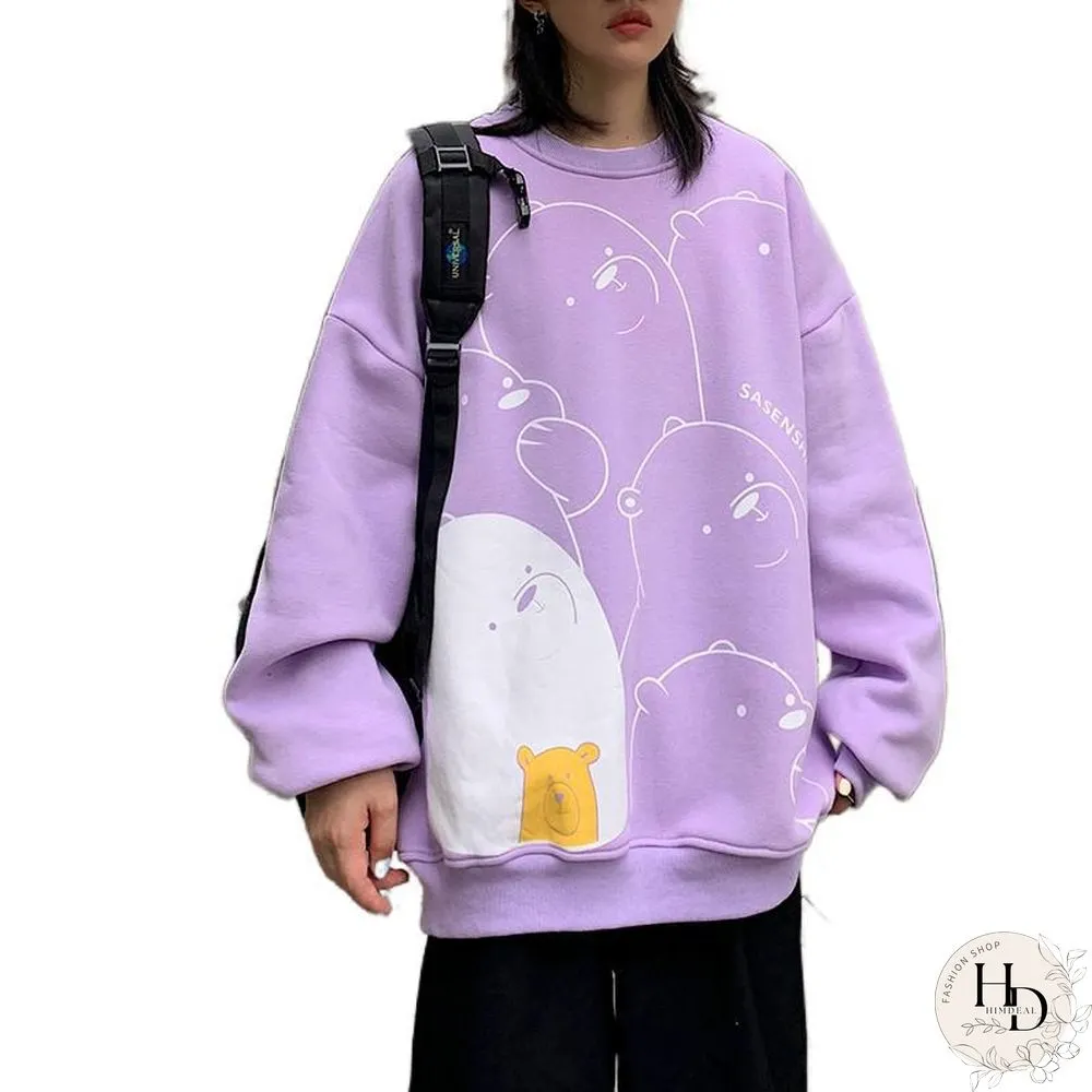 Womens Sport Shirt Spring Kpop Loose Long-Sleeved Coat Student Cartoon Print Top Harajuku