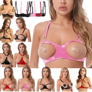 pornhint Pornhint Womens Hollow Out Cupless Bra Tops Wet Look Leather Shelf Bras Wireless Bralette