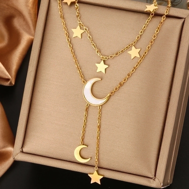 Vintage Style Commute Devil’s Eye Star Moon 304 Stainless Steel Turquoise Rhinestones Shell 18K Gold Plated Plating Inlay Layered Necklaces