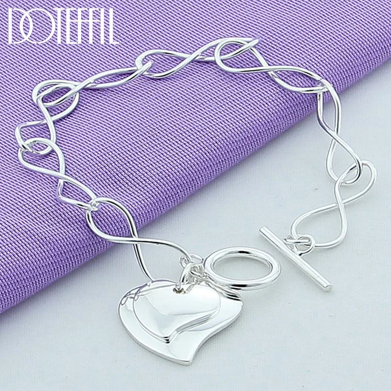 DOTEFFIL 925 Sterling Silver Two Hearts Pendant Bracelet For Woman Jewelry