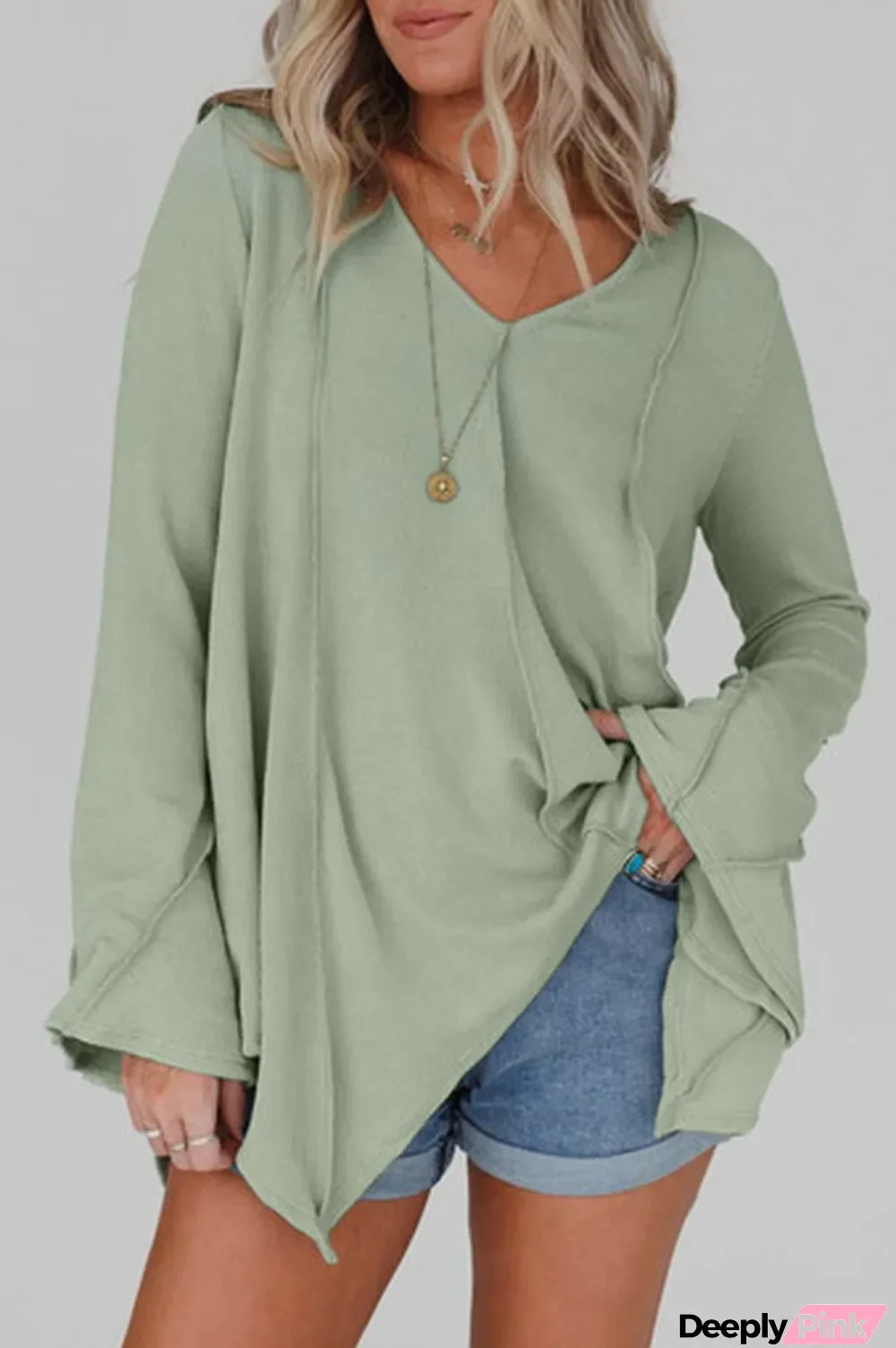 Green Ribbed Expose Seam Bell Sleeve Top