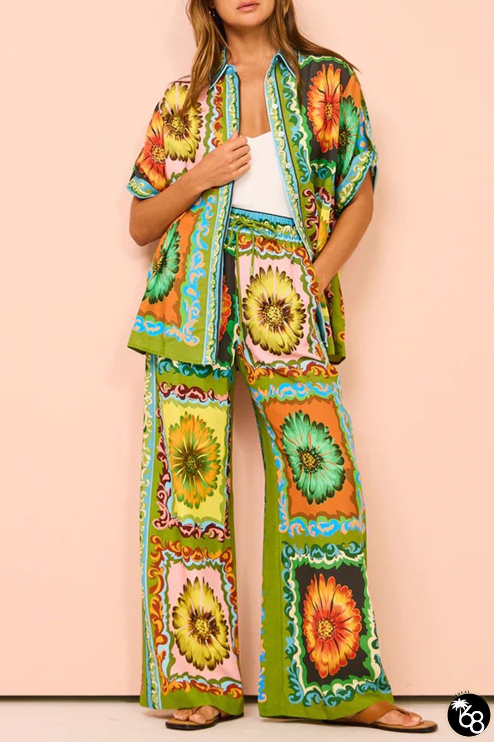 Casual Vintage Print Flowers Pocket Turndown Collar Short Sleeve Two Pieces | 168DEAL