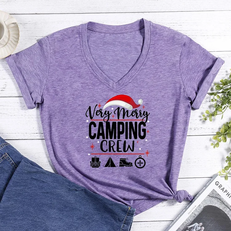 Very Merry Camping Crew Christmas V-neck T Shirt-Annaletters