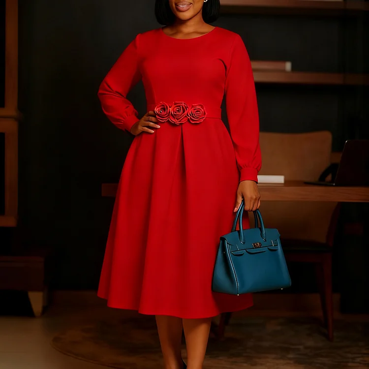 2025 AW New Style! Women's Crew Neck Long Sleeve 3D Flower Dress  | Red + Flowers for Elegance👗