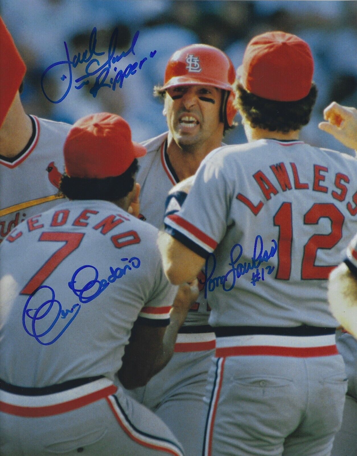 Signed 8x10 JACK CLARK, CESAR CEDENO &TOM LAWLESS Cardinals Autographed Photo Poster painting