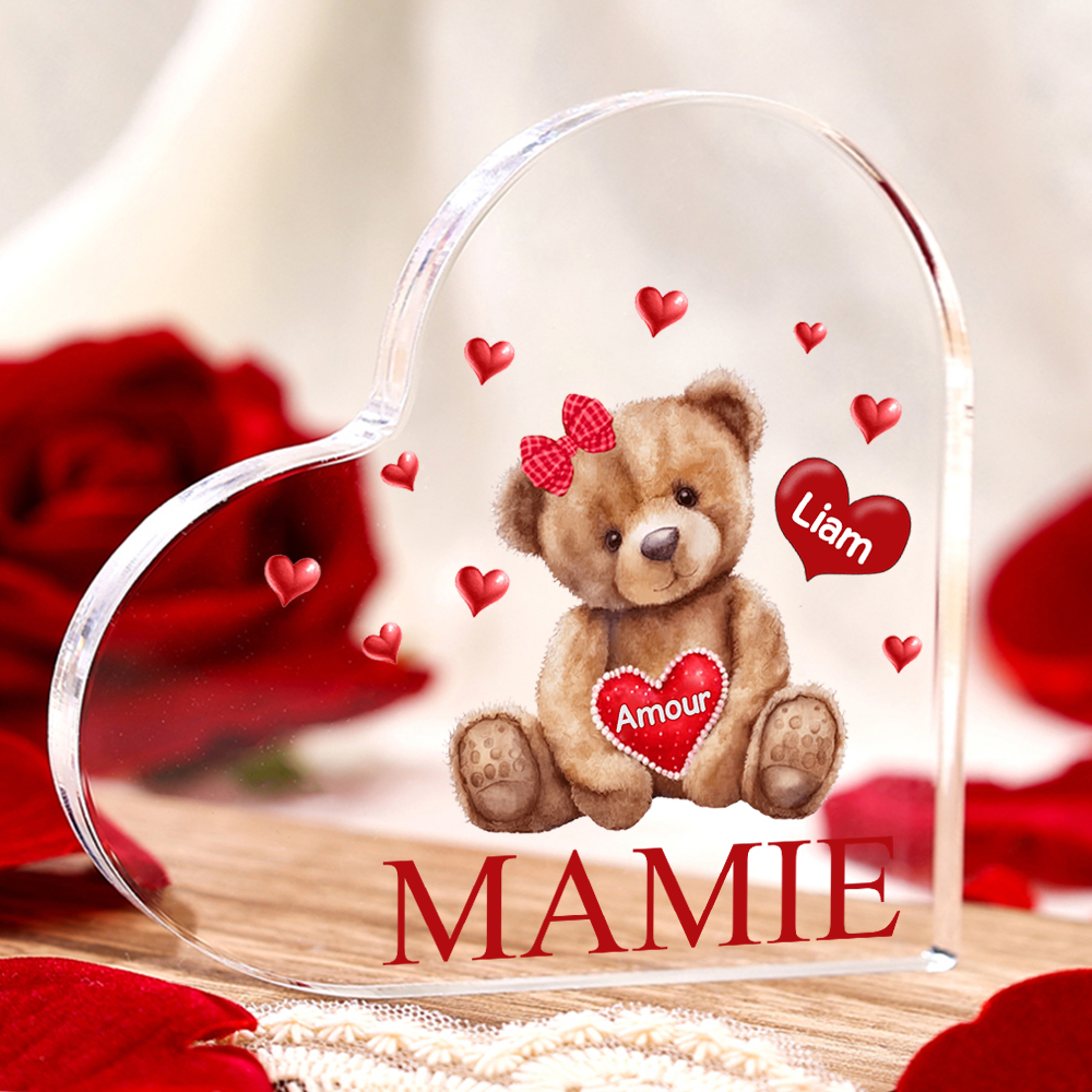 À ma Maman/Mamie - Plaque Acrylique Ours en Forme de Cœur 1 Prénom Personnalisés avec 1 Texte