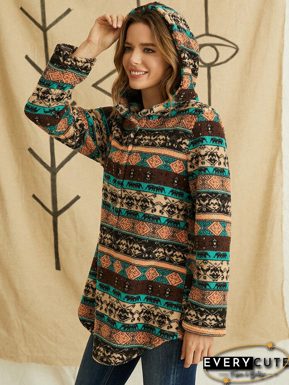 Vintage Ethnic Pattern Print Pocket Hooded Casual Coat for Women