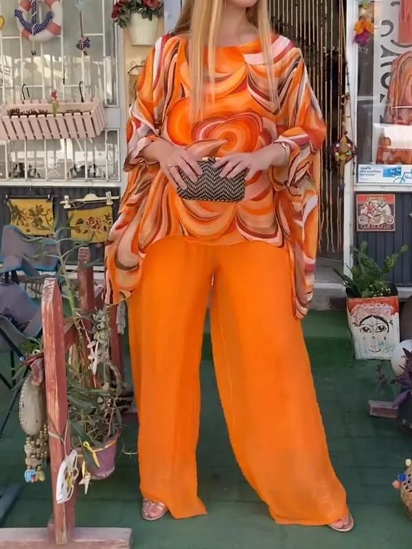 Women Colorful Chiffon Set Summer Casual Crew Neck Printed Two Piece Suit socialshop