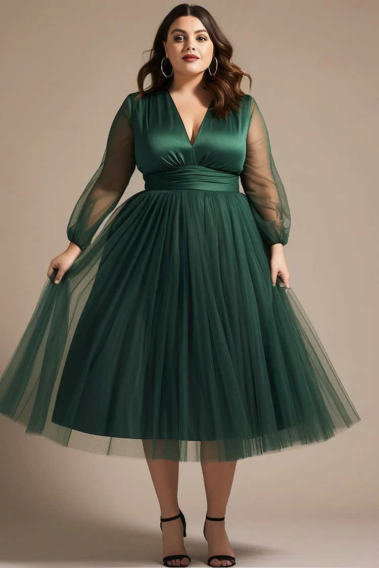 Flycurvy Plus Size Formal Green Mesh See-through V Neck Empire Waist Midi Dress  Flycurvy [product_label]