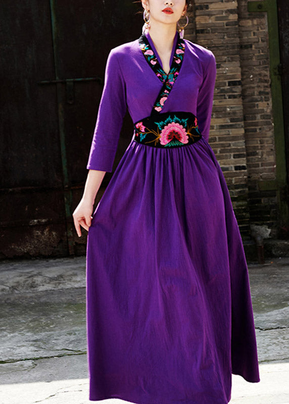 VCSHOES Purple V Neck Embroideried Floral Zippered Wrinkled Maxi Dresses Fall