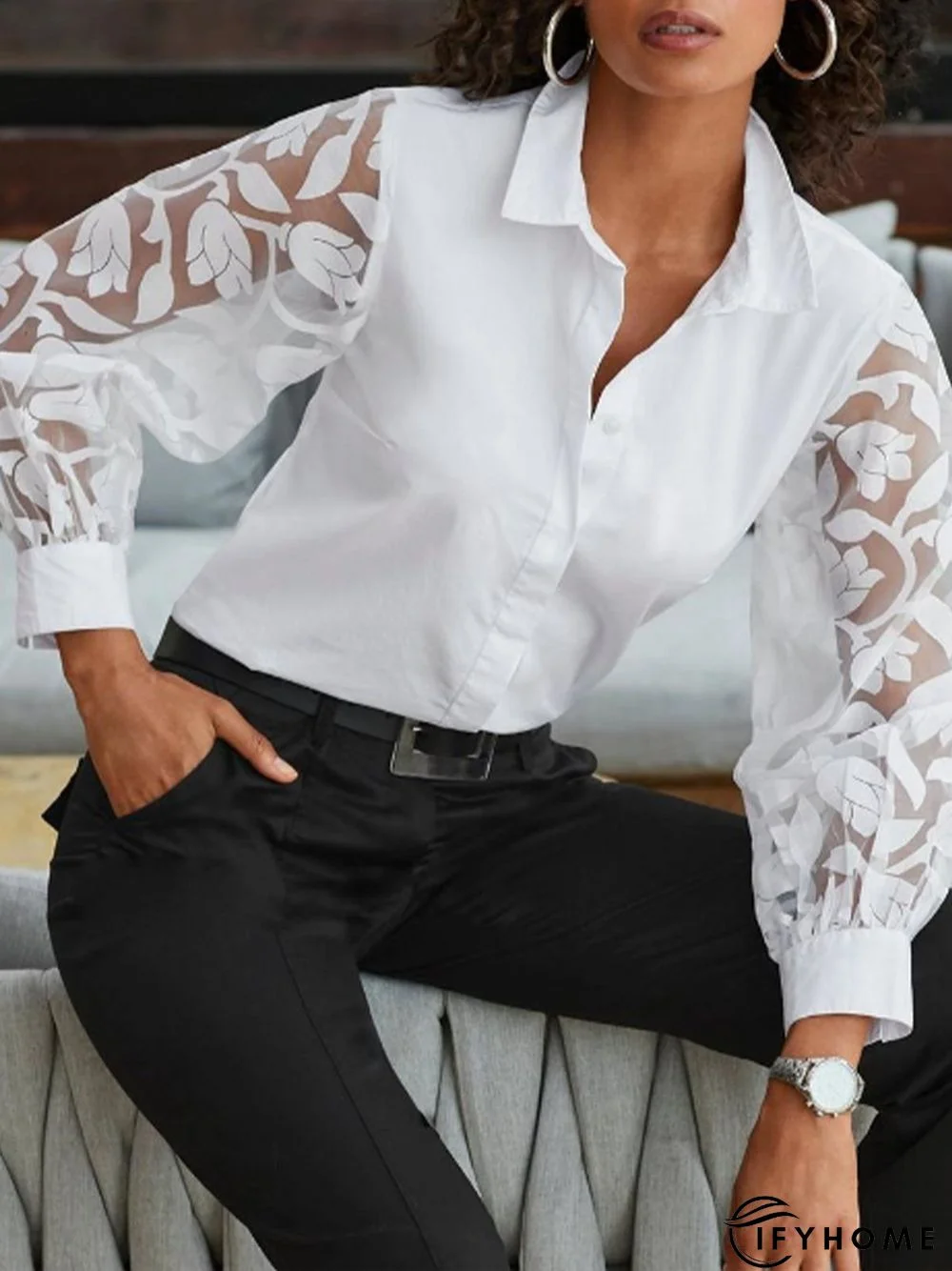 Paneled Shirt Collar Long Sleeve Top | IFYHOME