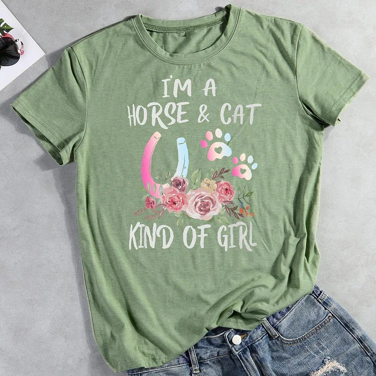 i'm a horse and cat kind of girl Round Neck T-shirt-0020652