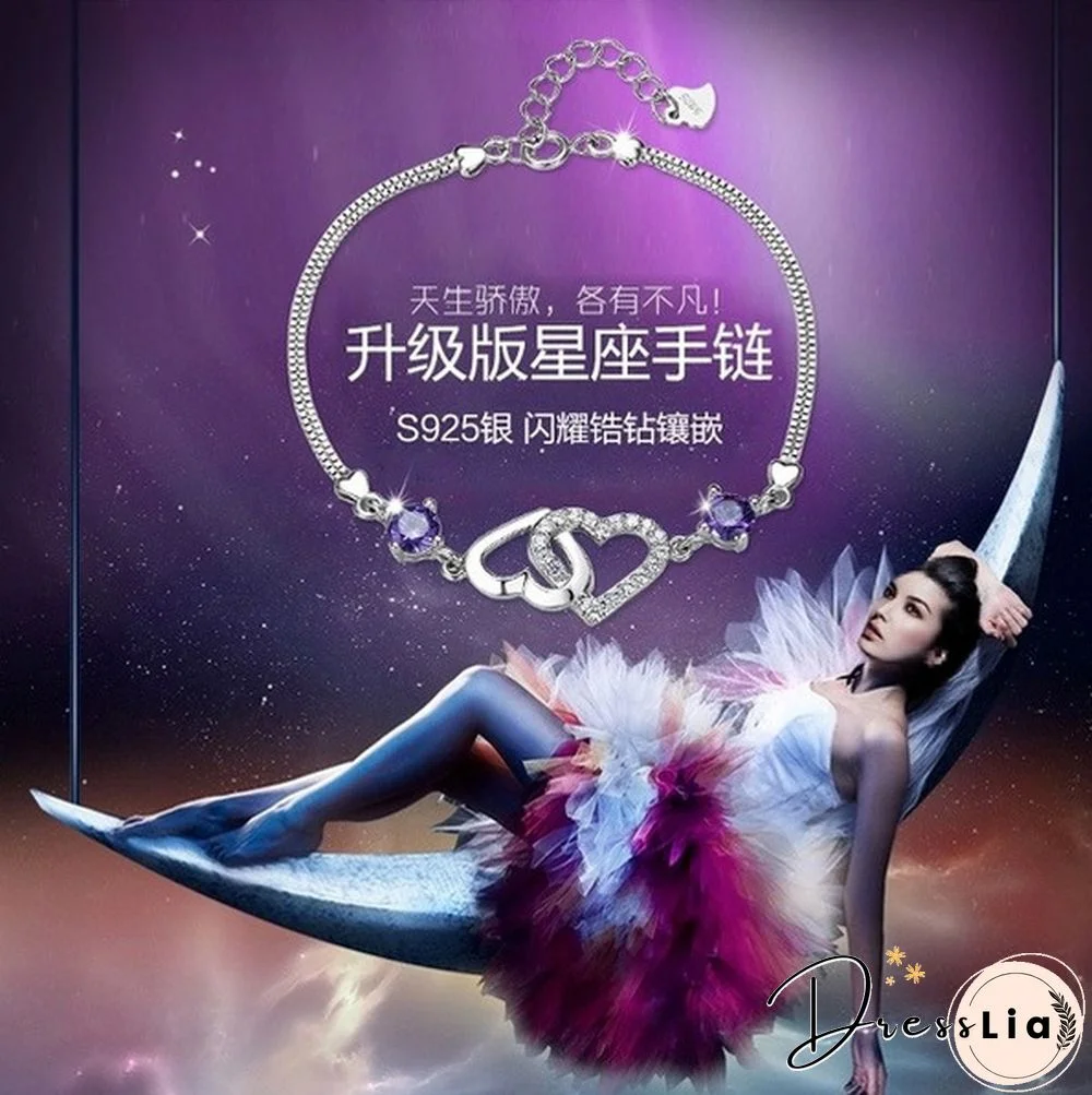 925 Silver Ladies Natural Amethyst Heart-shaped Bracelet Fashion Micro-inlaid Hollow Heart-shaped Zircon Bracelet