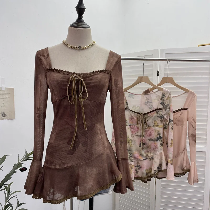 Uveng Spring And Summer New French Style Tie Dyed Horn Long-Sleeved Lace Side Design T-Shirt 9980