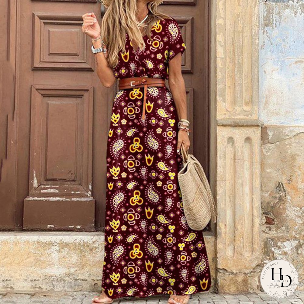 Ladies Summer Sexy Printed Boho Dress with Belt Belt