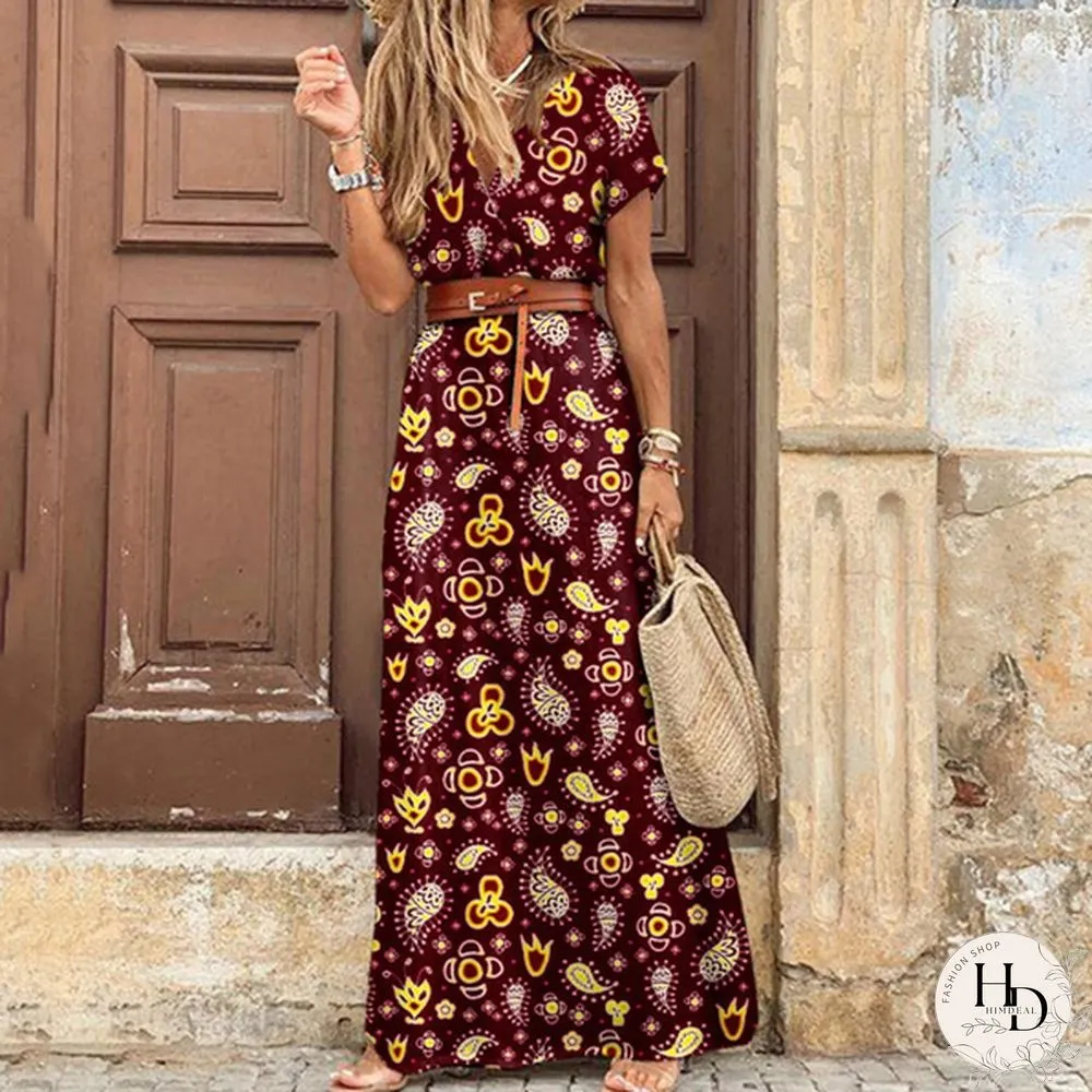 Ladies Summer Sexy Printed Boho Dress with Belt Belt