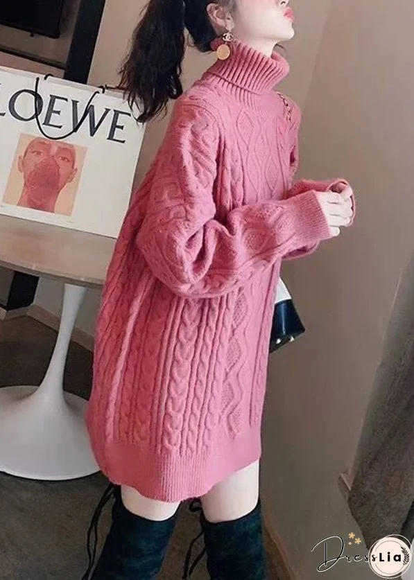 Stylish Rose Hign Neck Patchwork Thick Knit Sweater Dress Winter
