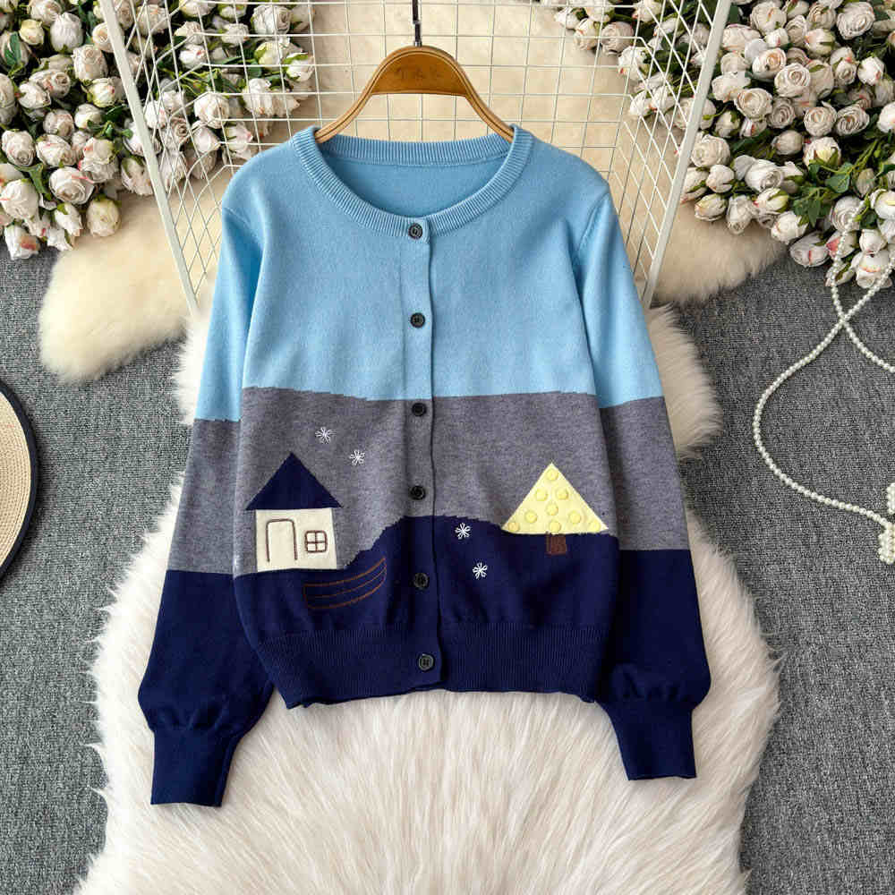 Luckwaveonline stylish dresses women Creative Embroidery Knitted Cardigan for Women Autumn Winter O-Neck Long Sleeve Loose Sweater Coat Lady Casual Top