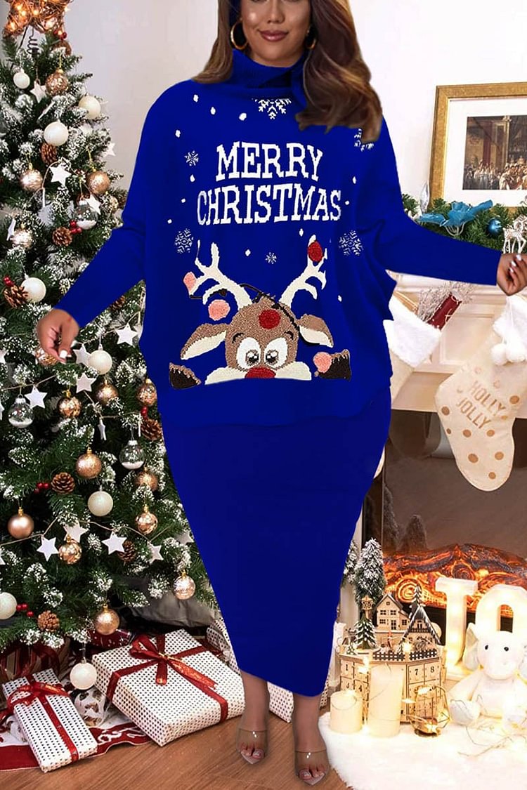 Plus Size Christmas Casual Elk Letters Printed High Neck Long Sleeve Pajamas Two Pieces Skirts Set