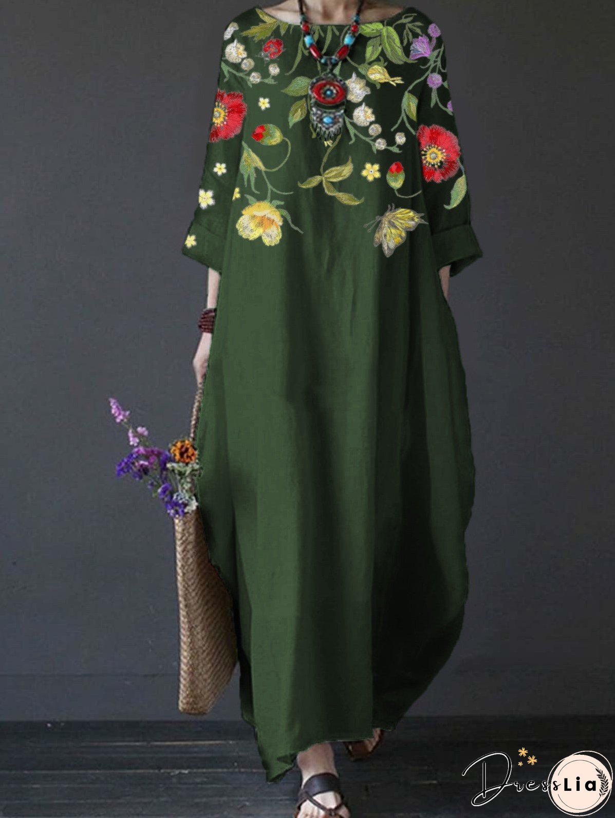 Summer Feminine Style Long Dress Round Neck Vintage Sweet Print Art Dress 3/4 Sleeve