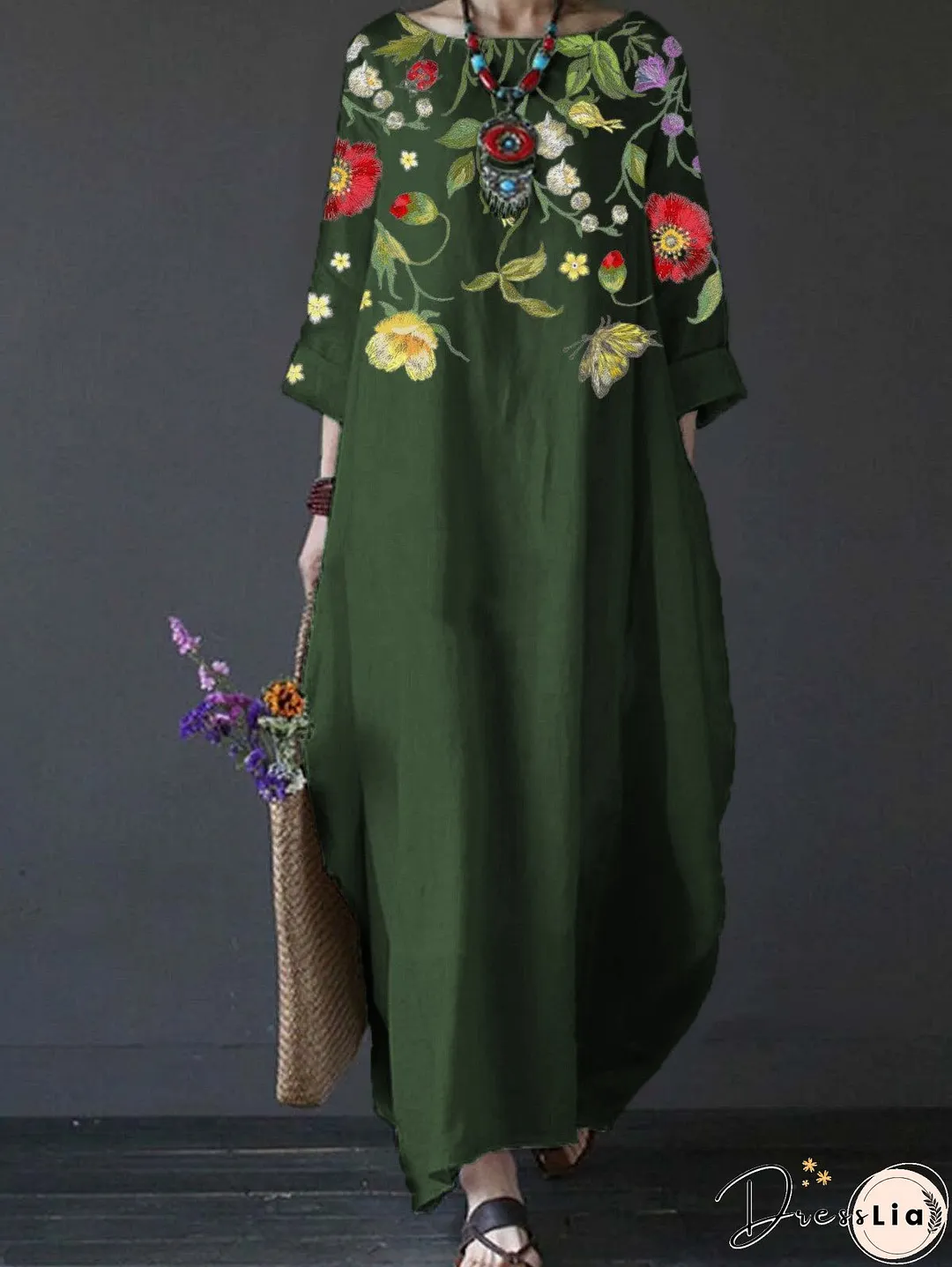 Summer Feminine Style Long Dress Round Neck Vintage Sweet Print Art Dress 3/4 Sleeve