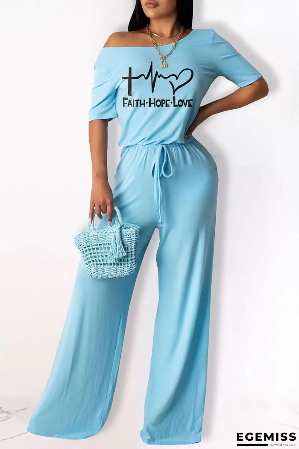 Baby Blue Casual Print Patchwork O Neck Straight Jumpsuits | EGEMISS