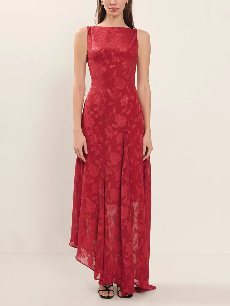 Exquisite Floral Jacquard Irregular Hem Maxi Dress