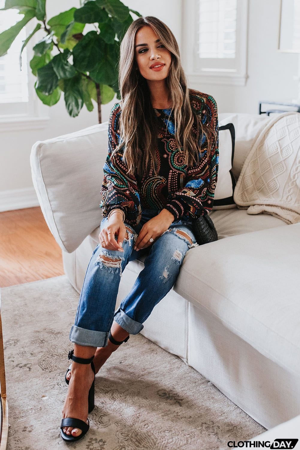 Printed Lantern Sleeve Top