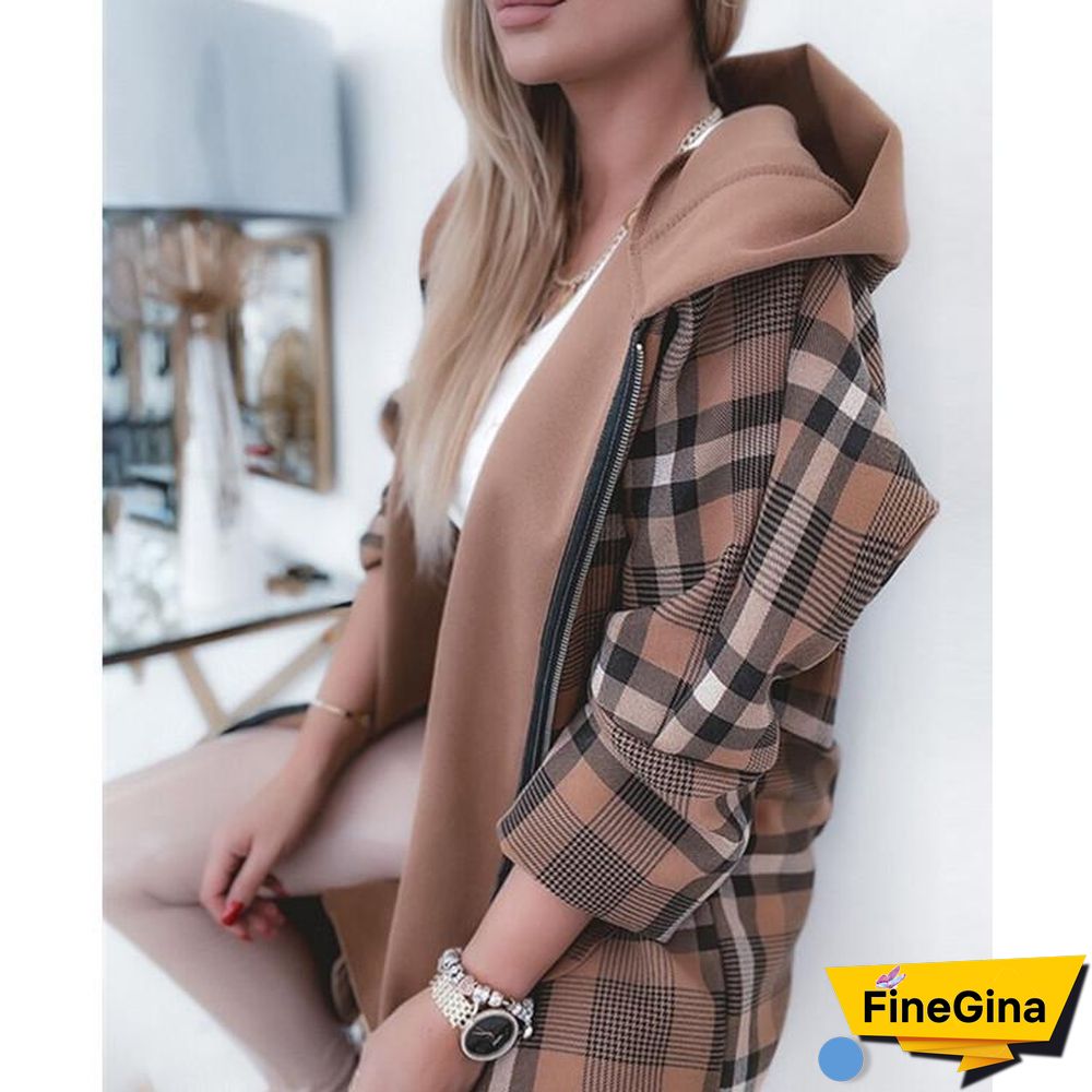 Zipper Plaid Women Coat With Hood