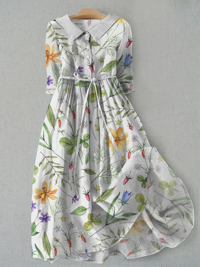 Women's Vintage Botanical Floral Print Pocket Lace-Up Dress