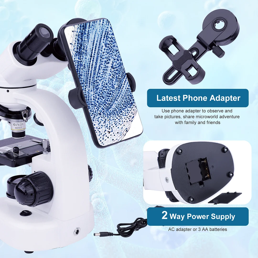 BEBANG Compound Binocular Microscope, 40X-1000X Dual LED Illumination,With 10X and 25X Eyepiece and Phone Adapter