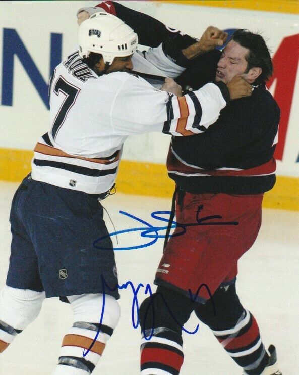 GEORGES LARAQUE & JODY SHELLEY SIGNED FIGHT 8x10 Photo Poster painting! EDMONTON OILERS JACKETS