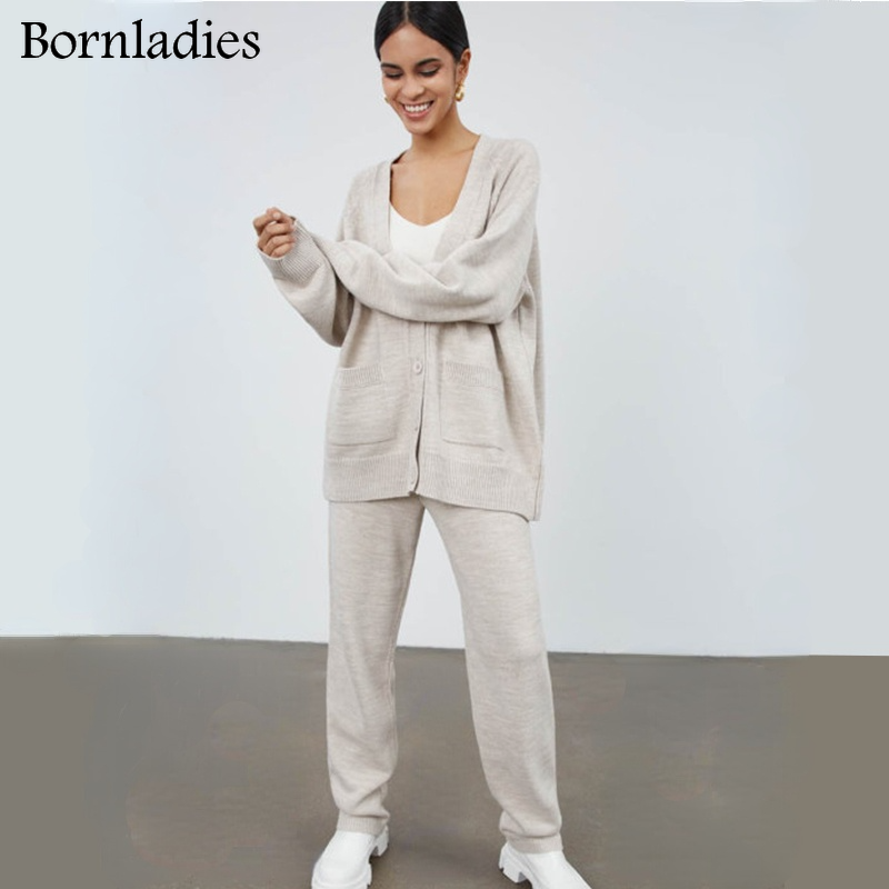 Bornladies Autumn Winter Ladies Loose 2 Pieces Set  V Nexk Pullover Sweater & Lace-up Skinny Pants Casual Women Knitted Sets