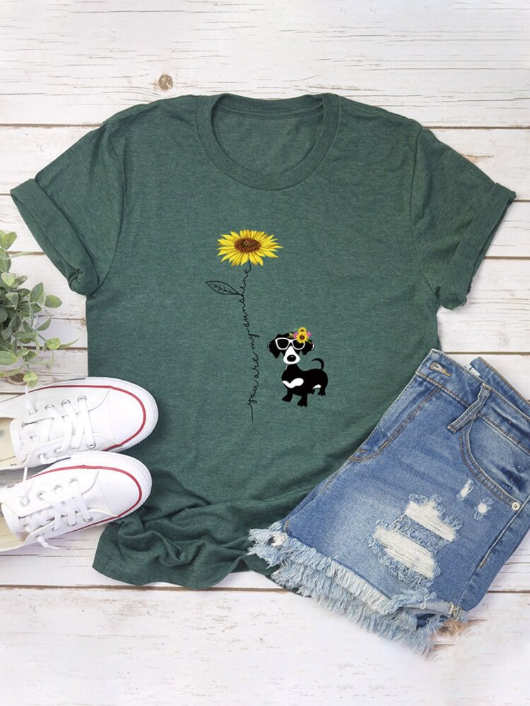 Cartoon Dog Floral Printed Cotton T shirt P1686024