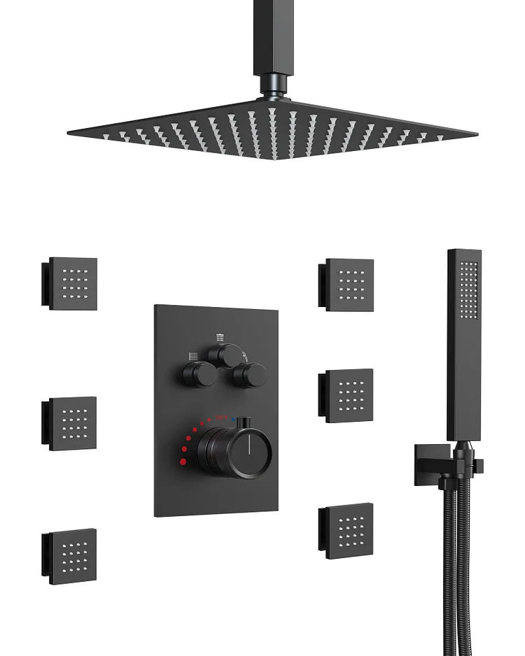 SFS1006-BK12 Thermostatic Rainfall Shower System | Ceiling Mounted with 6 Body Jets and Handheld Sprayer