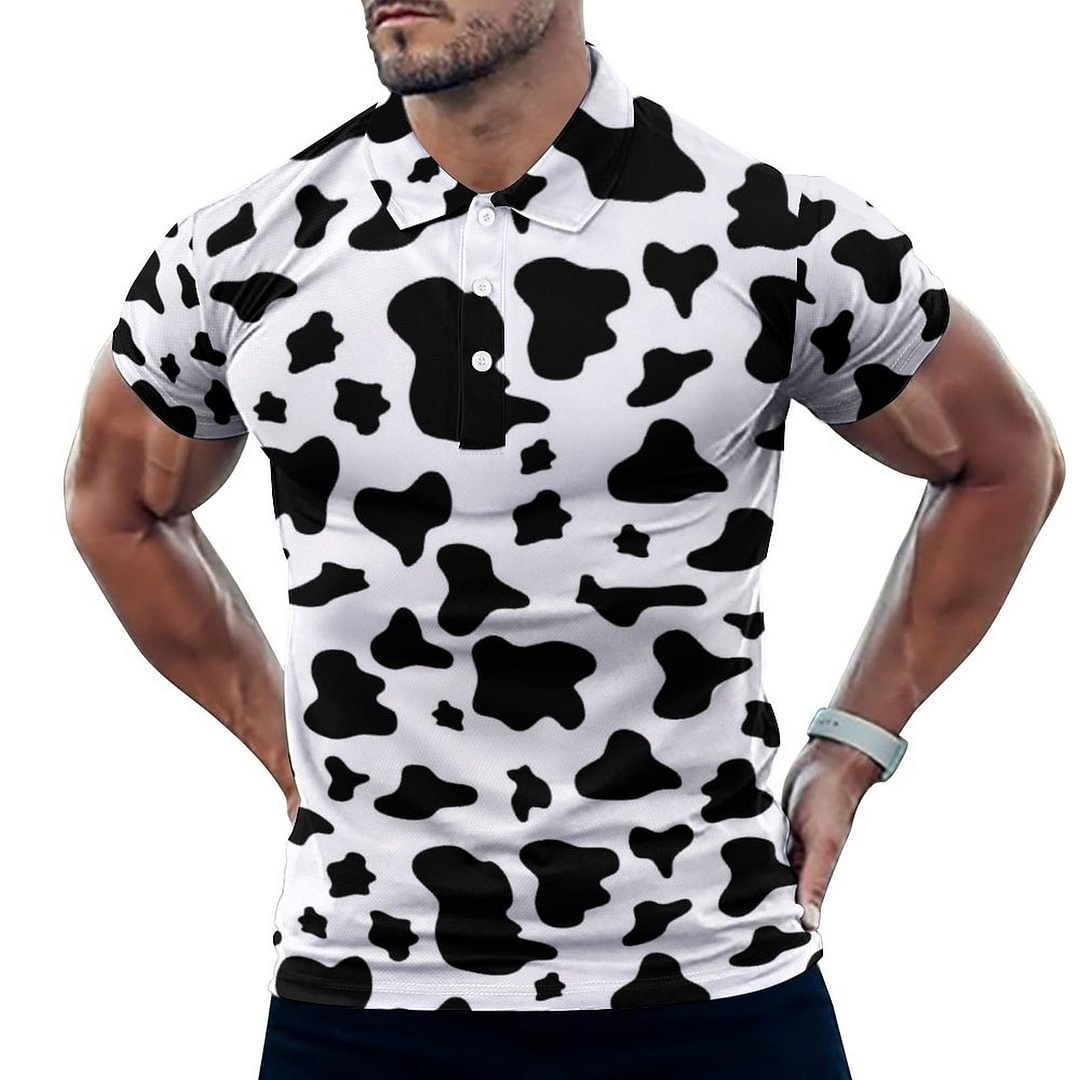 Black White Cow Print Mens Short Sleeve Casual Slim Fit Golf Polo Shirts Classic Cut Print Retro Large Size Polo T Shirt - Neewho