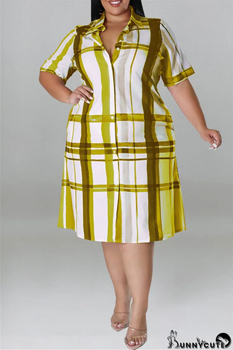 Yellow Fashion Casual Plus Size Plaid Print Patchwork Turndown Collar Shirt Dress