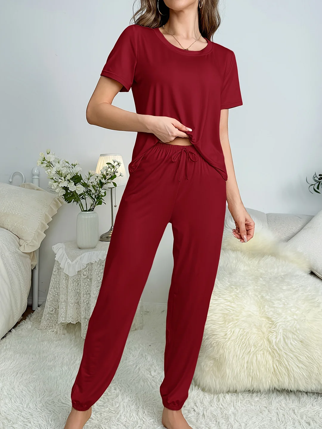 Toloer Toloer And Summer On The New Pajamas Female Milk Silk Short Sleeve Trousers Suit Classic Solid Color Casual Burst-Outfit Ideas