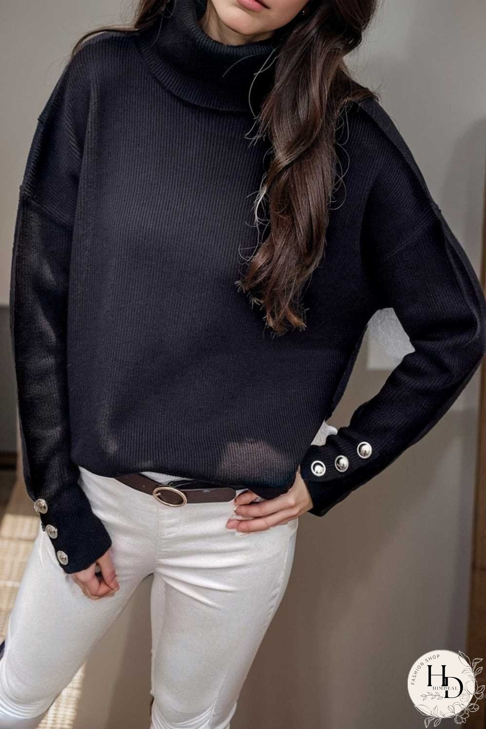turtleneck solid long sleeve knitted sweater