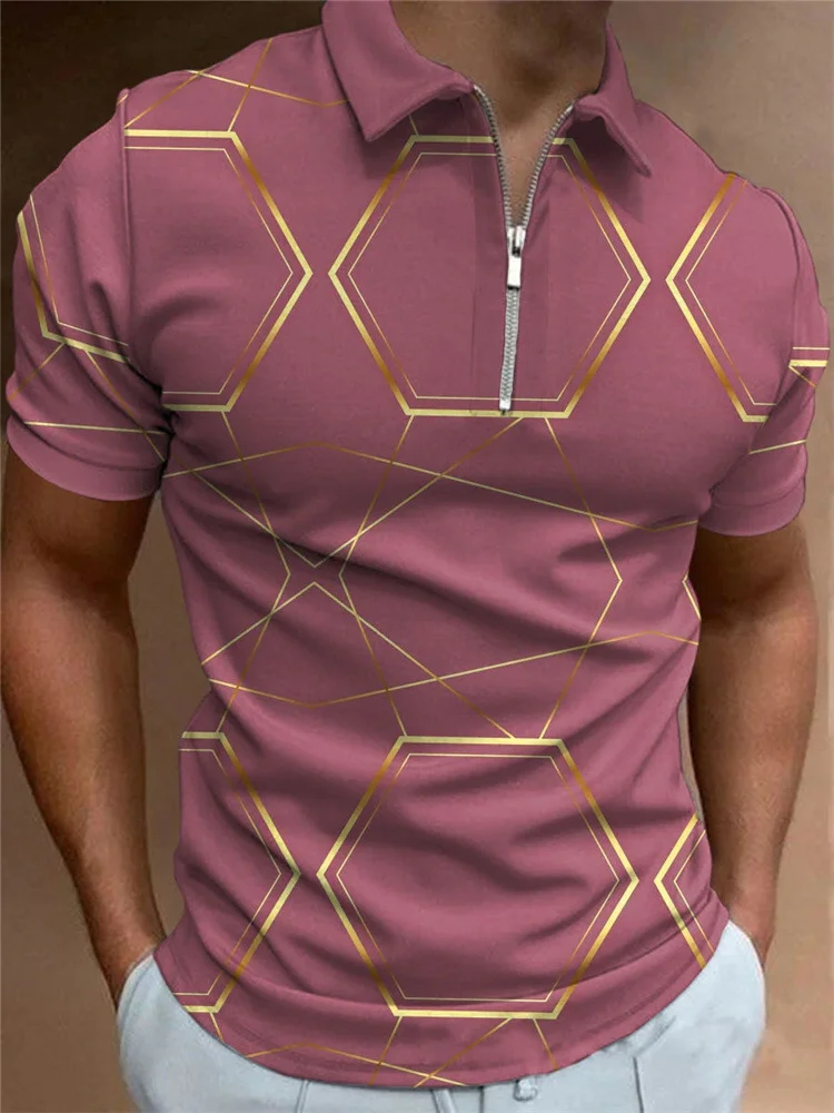 Pink Gold Geometric Pattern Short-Sleeved Zipper Men's Polo Shirts at Hiphopee