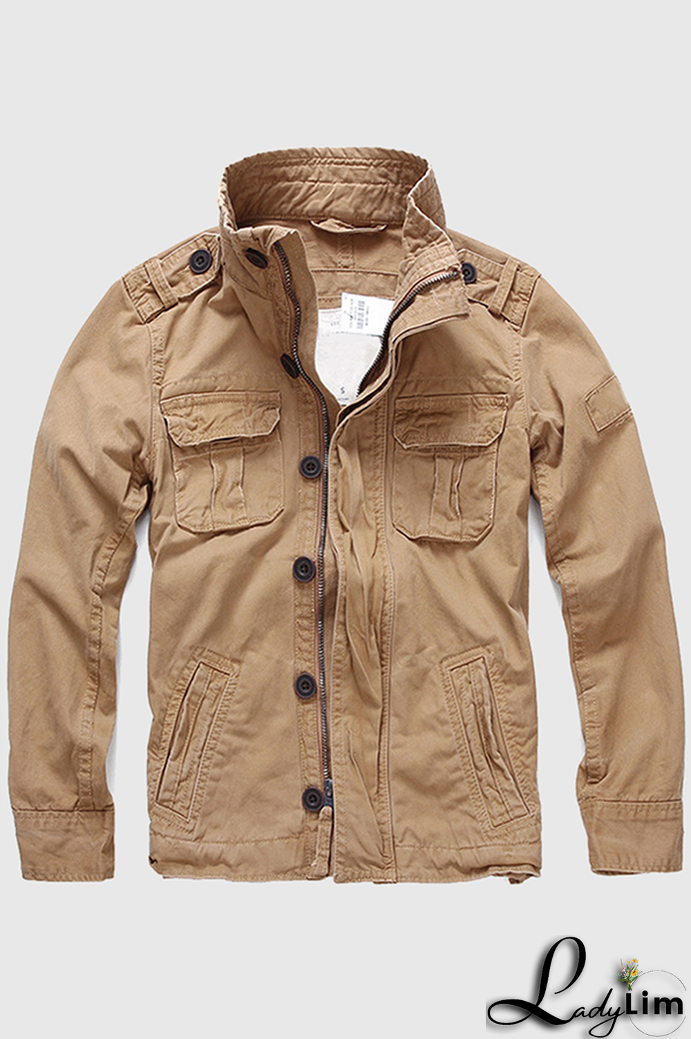 Green Fashion Casual Solid Camouflage Print Buckle Zipper Mandarin Collar Outerwear