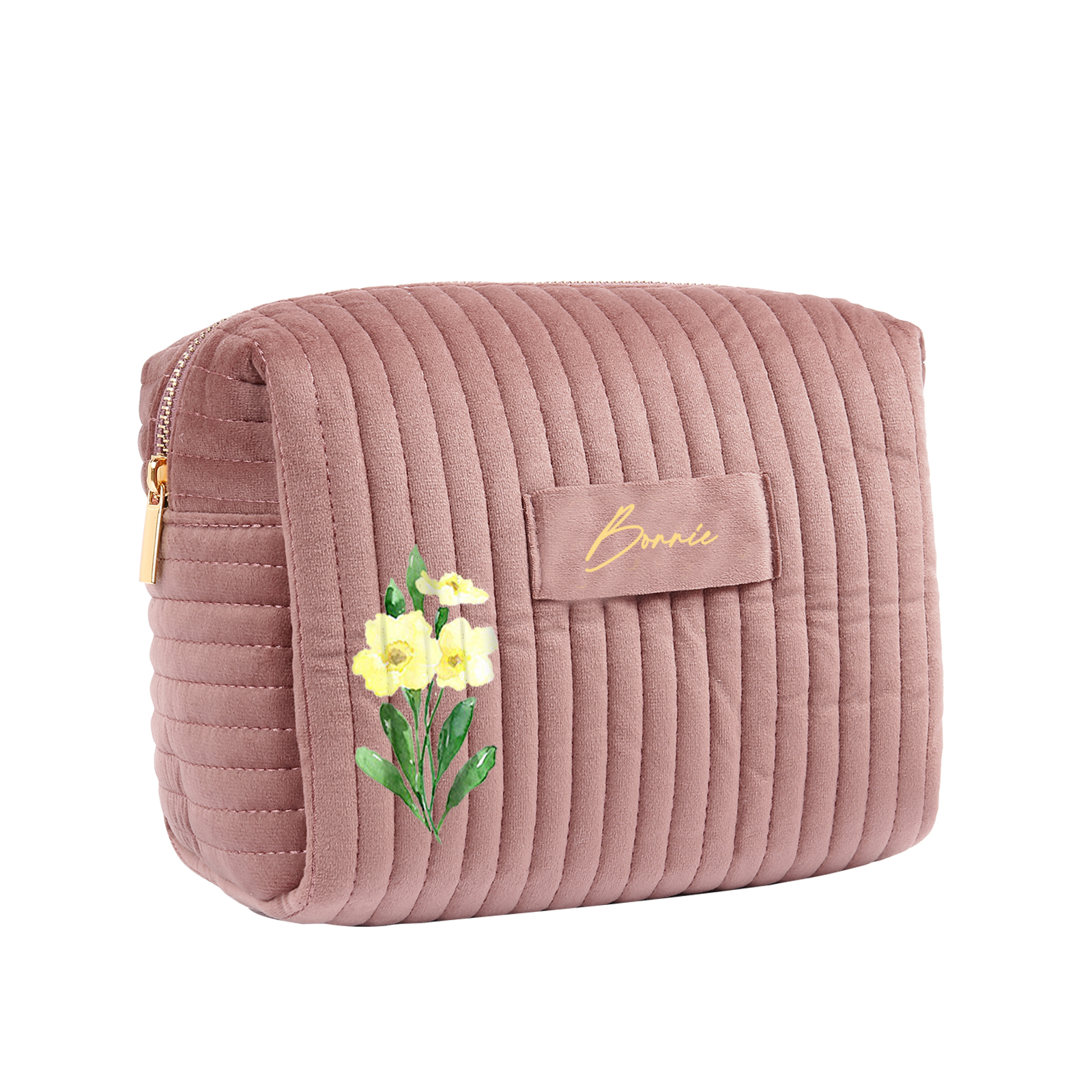 Borsa portabile per cosmetici in velluto per donna 1 nome e 1 fiore di nascita personalizzato multicolori da scegliere