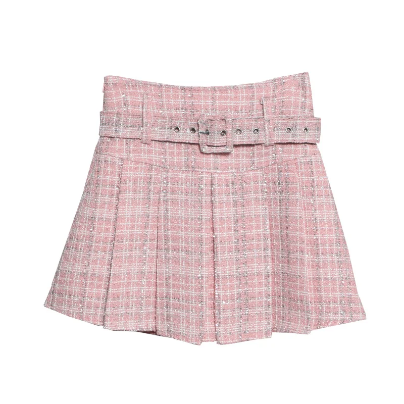 Uveng Real Shooting S-2XL With Belt Coarse Flowers, Composite Bright Lattice Skirt A Word Fluffy Bunk Skirt 1210