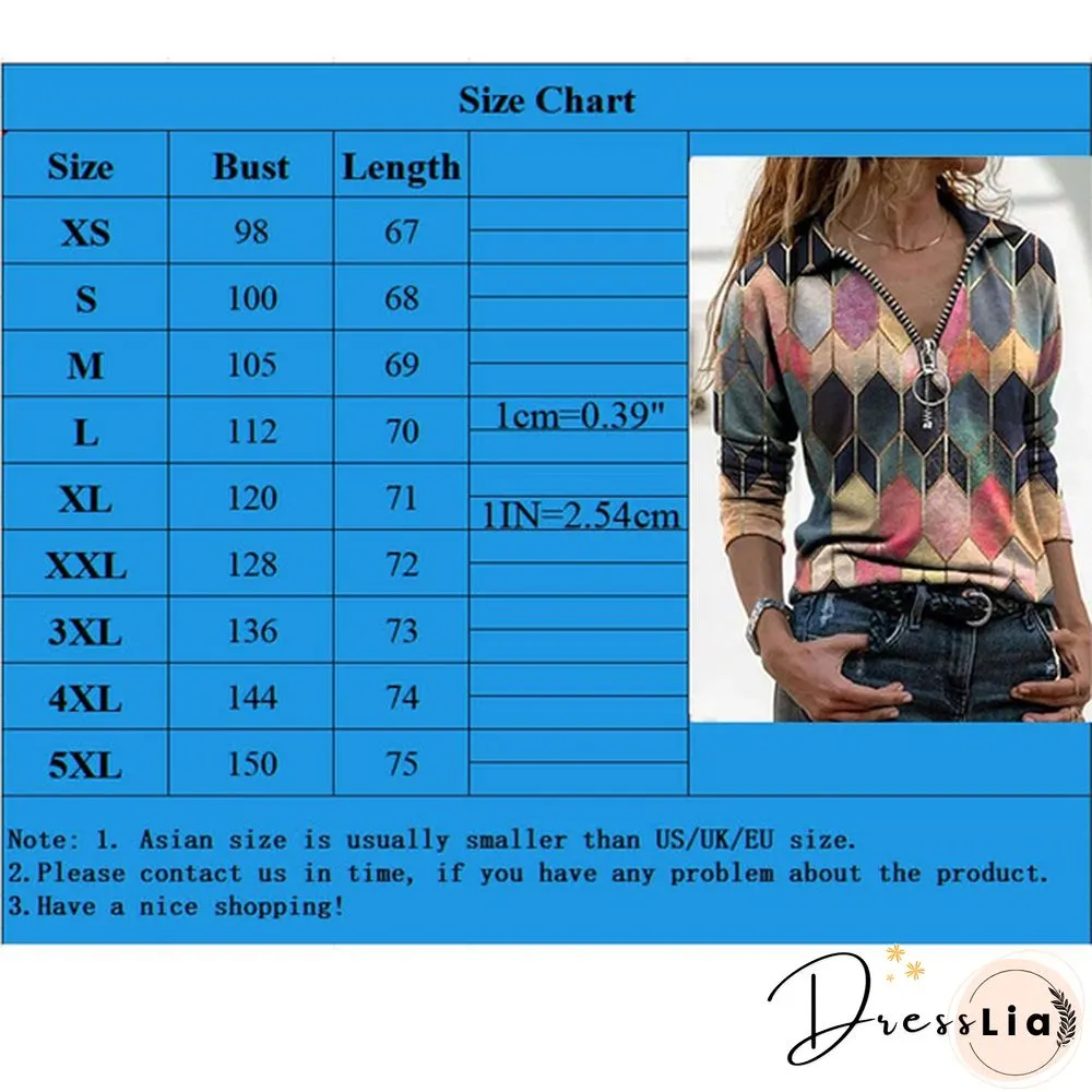 Women's Fashion Printed V-neck Long Sleeve Shirts Casual Zipper Turn-down Collar Cotton Tunic Tops Ladies Daily Spring Autumn Plus Size Blouses Loose Pullover T-shirts