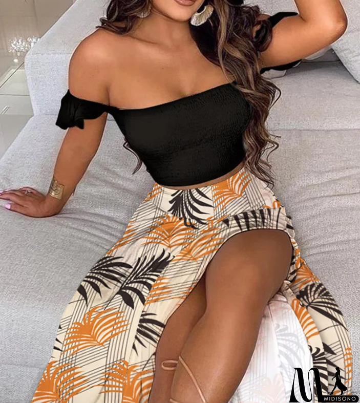 MidiSono - Women's Contrast Print Off-the-Shoulder Two-piece Set